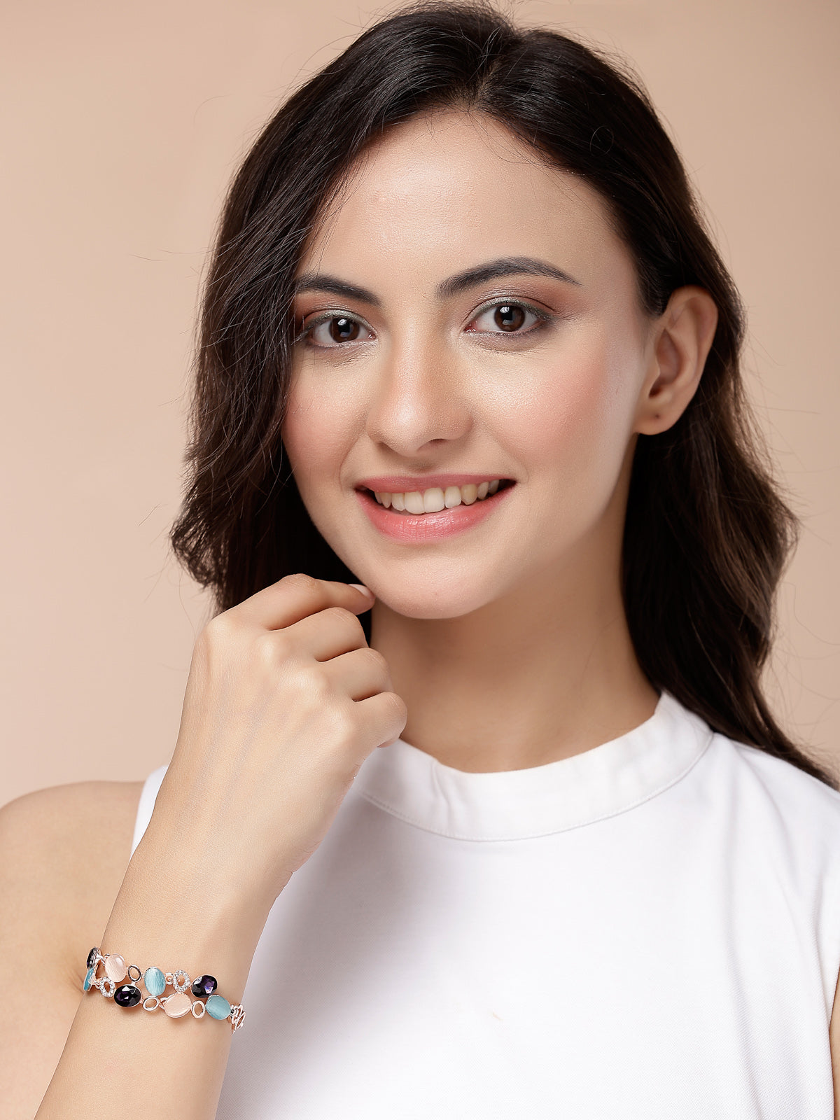 Scintillare By Sukkhi Iconic Latest Stylish Rose Gold Plated Crystal Diamond Studded Oval Shaped Adjustable Bracelet Jewellery for Women & Girls|BC107145