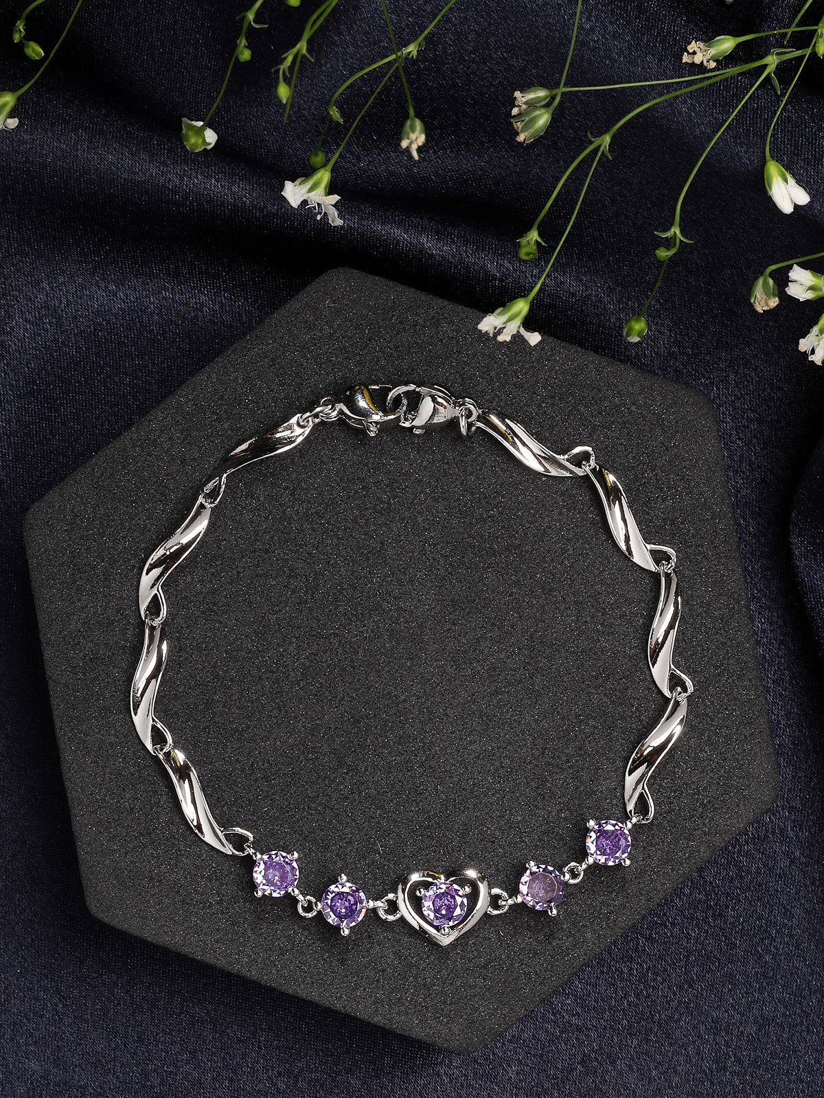 Scintillare By Sukkhi Lovely Copper Sterling Silver Plated Heart Shaped Designed Purple Charm Bracelet Jewellery For Women & Girls|Gifts for Wife Girlfriend Mother Sister|BC107149