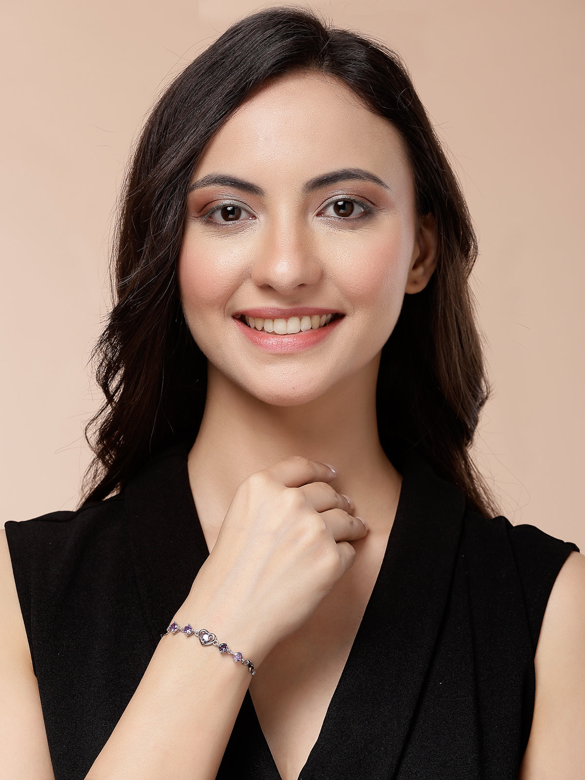 Scintillare By Sukkhi Lovely Copper Sterling Silver Plated Heart Shaped Designed Purple Charm Bracelet Jewellery For Women & Girls|Gifts for Wife Girlfriend Mother Sister|BC107149