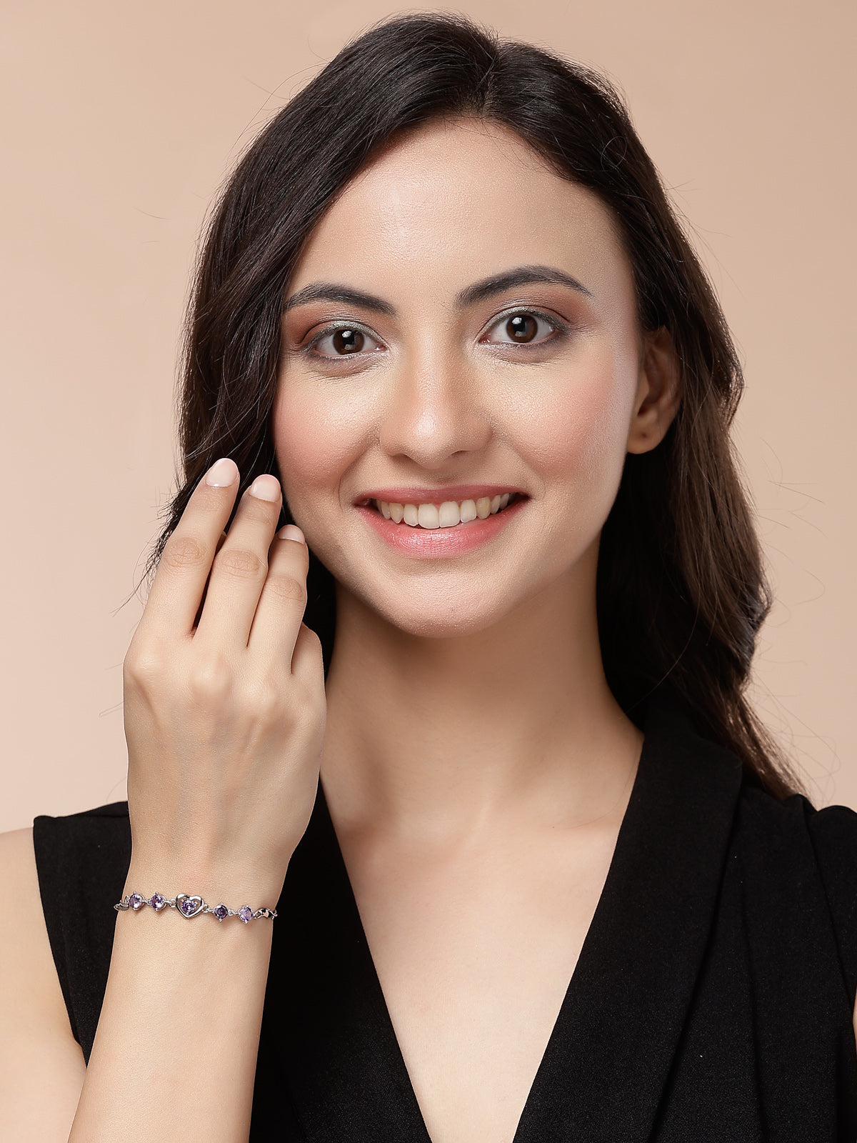 Scintillare By Sukkhi Lovely Copper Sterling Silver Plated Heart Shaped Designed Purple Charm Bracelet Jewellery For Women & Girls|Gifts for Wife Girlfriend Mother Sister|BC107149