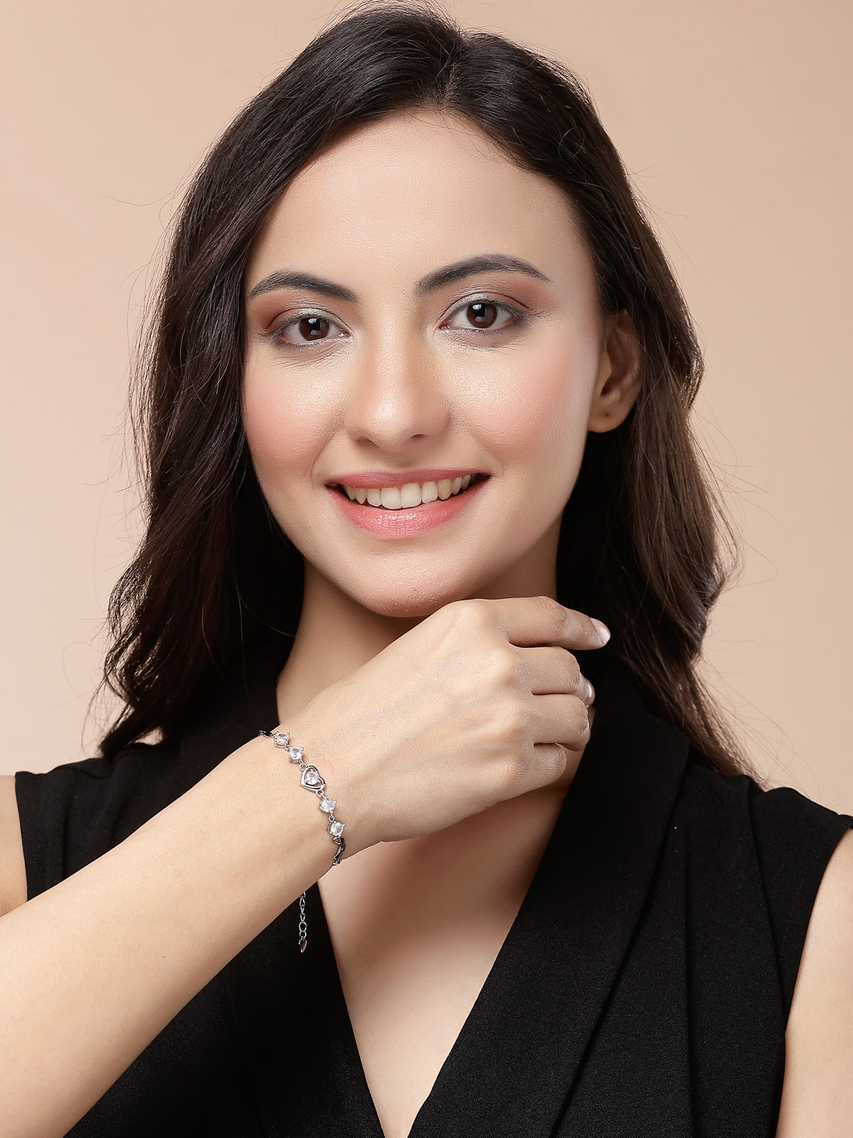 Scintillare By Sukkhi Lovely Copper Sterling Silver Plated Heart Shaped Designed Silver Charm Bracelet Jewellery For Women & Girls|Gifts for Wife Girlfriend Mother Sister|BC107150