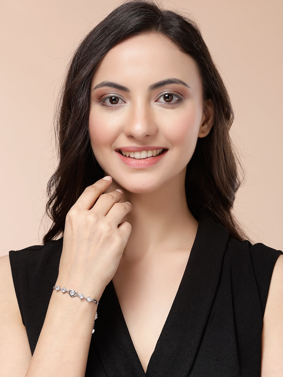 Scintillare By Sukkhi Lovely Copper Sterling Silver Plated Heart Shaped Designed Silver Charm Bracelet Jewellery For Women & Girls|Gifts for Wife Girlfriend Mother Sister|BC107150