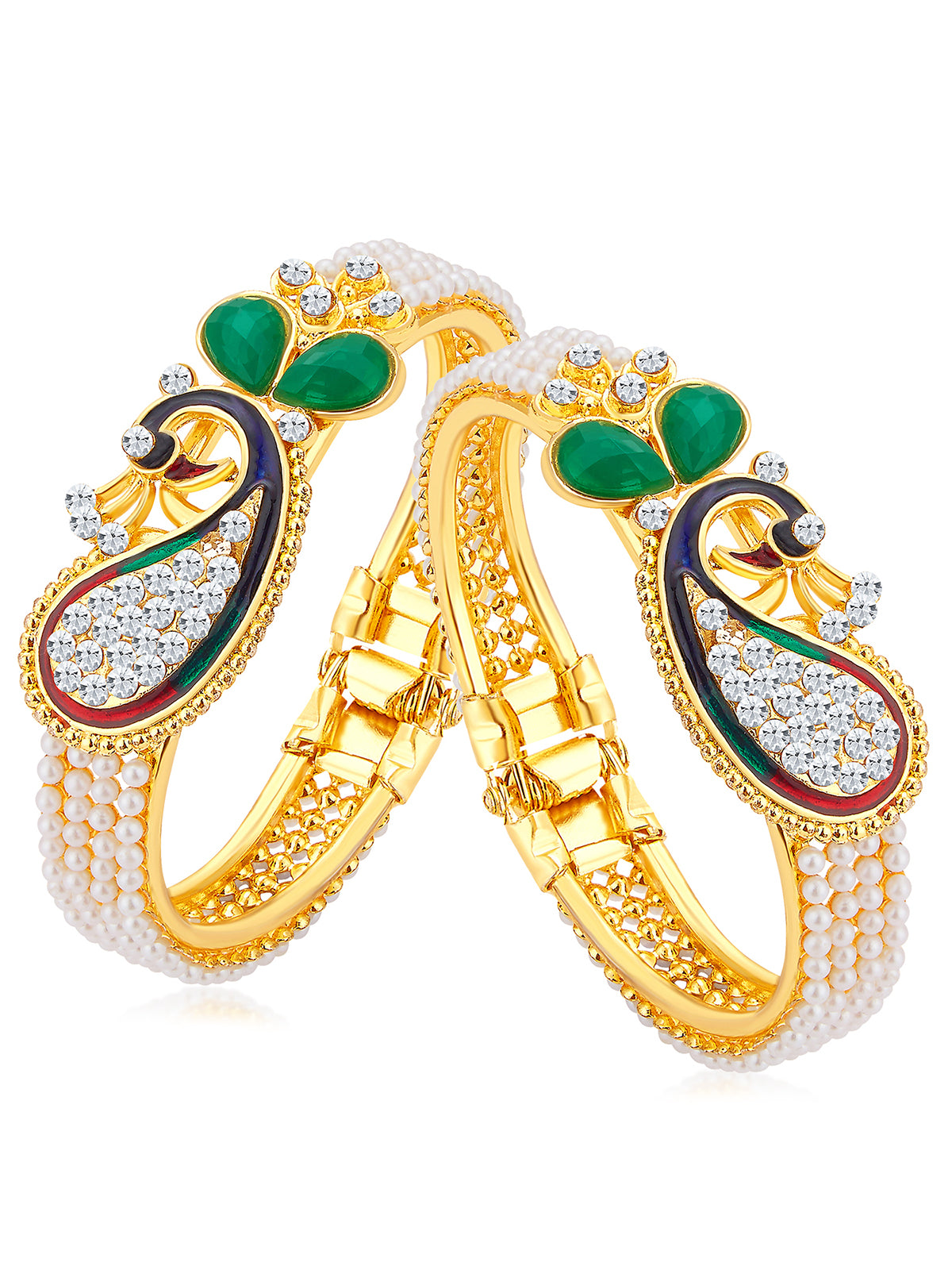 Sukkhi Glittery Pearl Gold Plated Peacock Meenakari Austrian Diamond Kada Combo For Women CB71499ADAP450