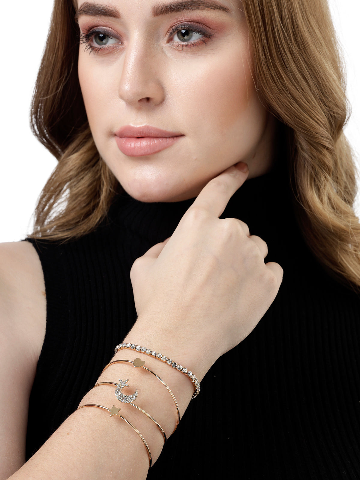 Scintillare by Sukkhi Latest Stylish Stackable Design Gold Plated With Crystals Cuff Kadas Adjustable Combo Bangle Bracelet for Women & Girls ( Set of 4)|Birthday Gift for Women|(Golden)|CBBC106615