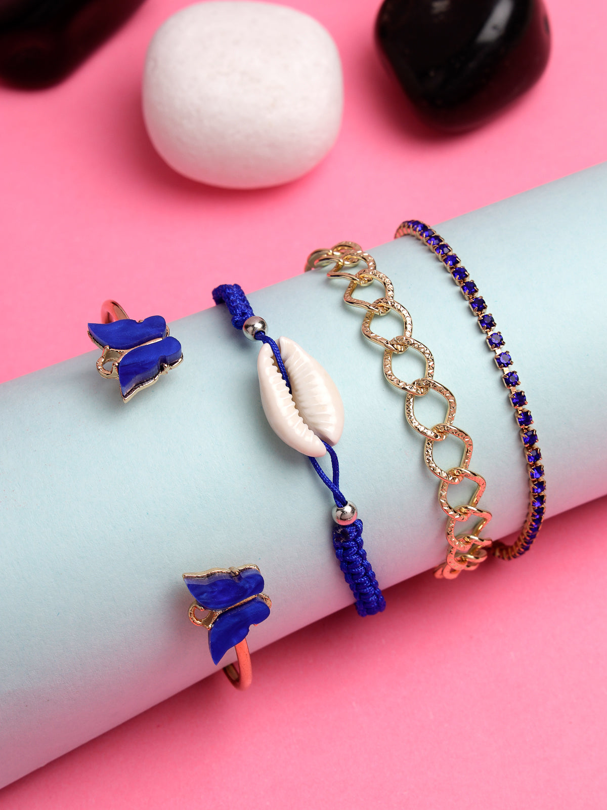 Scintillare by Sukkhi Attractive Latest Design Stackable Gold Plated With Blue Crystals Adjustable Bangle Bracelets for Women & Girls Set of 4|Birthday Gift for Women|One Size|CBBC106630