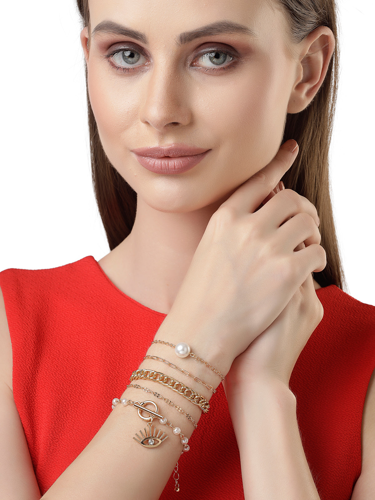 Scintillare by Sukkhi Elegant Latest Stackable Design Gold Plated Crystals with Evil-Eye Adjustable Combo Bangle Bracelet for Women & Girls ( Set of 5)|Birthday Gift for Women|(Golden)|CBBC106631
