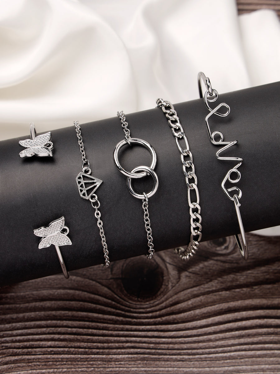 Scintillare by Sukkhi Sparkling Latest Stackable Design Rhodium Plated Love Butterfly Diamond Inspired Adjustable Combo Bangle Bracelet for Women & Girls ( Set of 5)|Birthday Gift for Women|CBBC106633