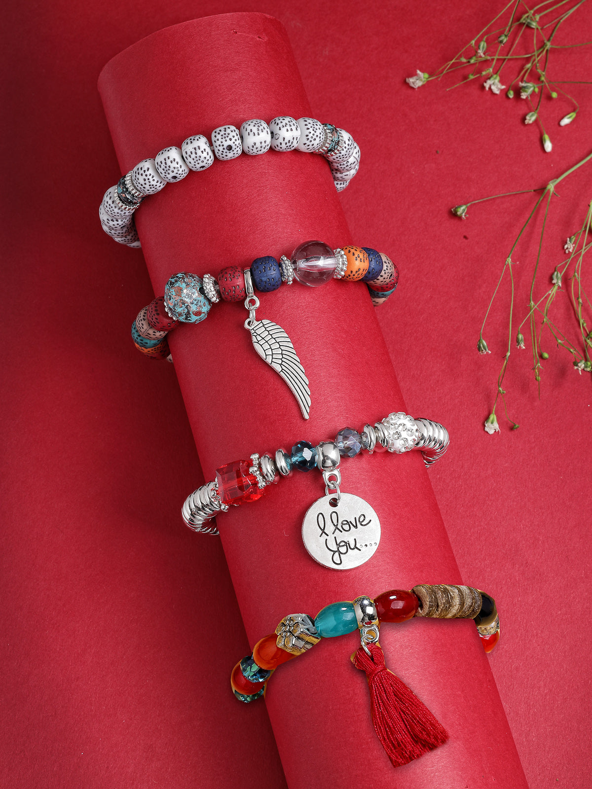 Scintillare By Sukkhi Attractive Latest Stylish Bohemian I Love You Feather Tassel Charm Multilayer Beads Multicolor Bangle & Bodhi Bracelet Jewellery for Women & Girls|Pack of 4|CBBC107154