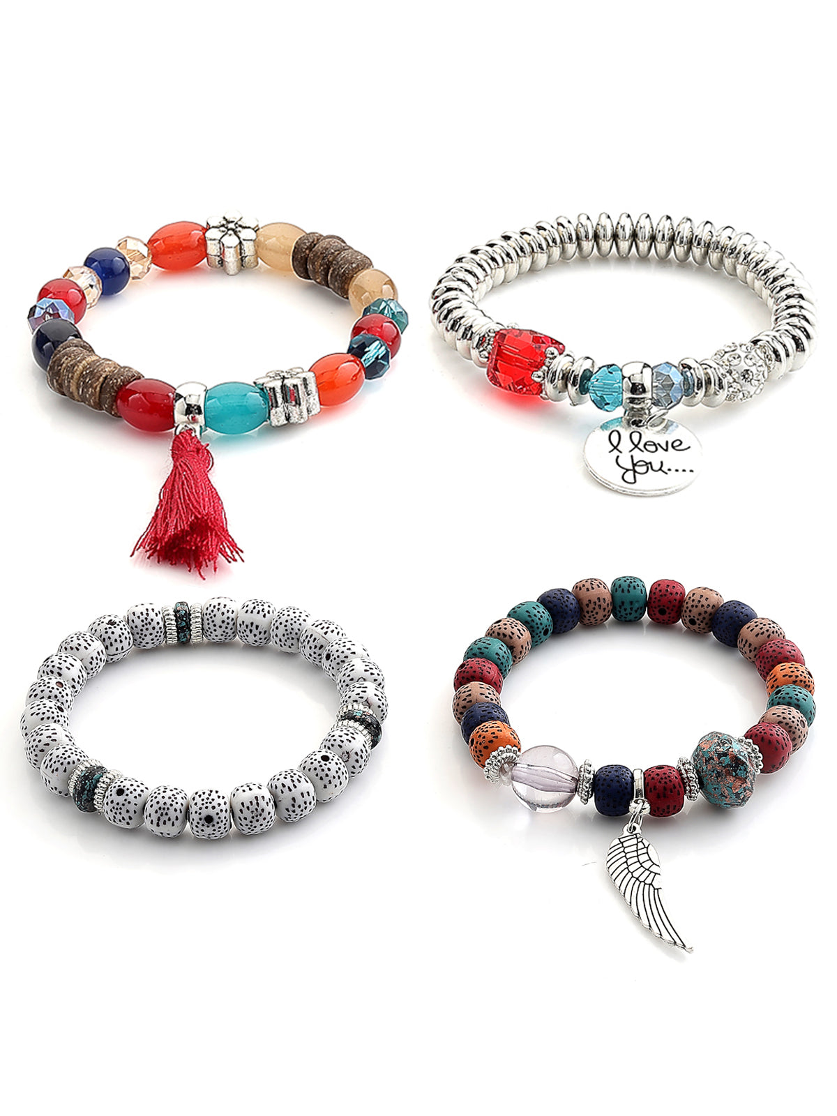 Scintillare By Sukkhi Attractive Latest Stylish Bohemian I Love You Feather Tassel Charm Multilayer Beads Multicolor Bangle & Bodhi Bracelet Jewellery for Women & Girls|Pack of 4|CBBC107154