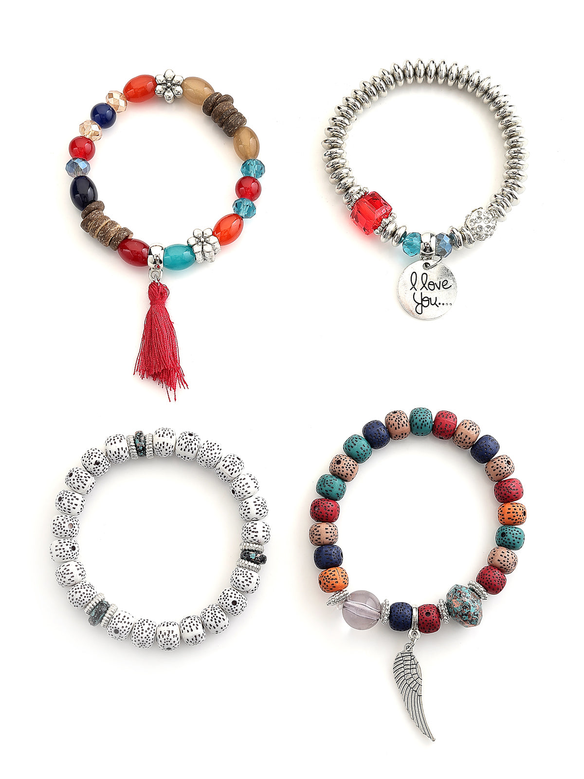 Scintillare By Sukkhi Attractive Latest Stylish Bohemian I Love You Feather Tassel Charm Multilayer Beads Multicolor Bangle & Bodhi Bracelet Jewellery for Women & Girls|Pack of 4|CBBC107154