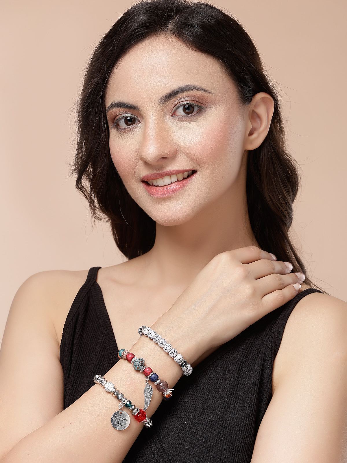Scintillare By Sukkhi Attractive Latest Stylish Bohemian I Love You Feather Tassel Charm Multilayer Beads Multicolor Bangle & Bodhi Bracelet Jewellery for Women & Girls|Pack of 4|CBBC107154