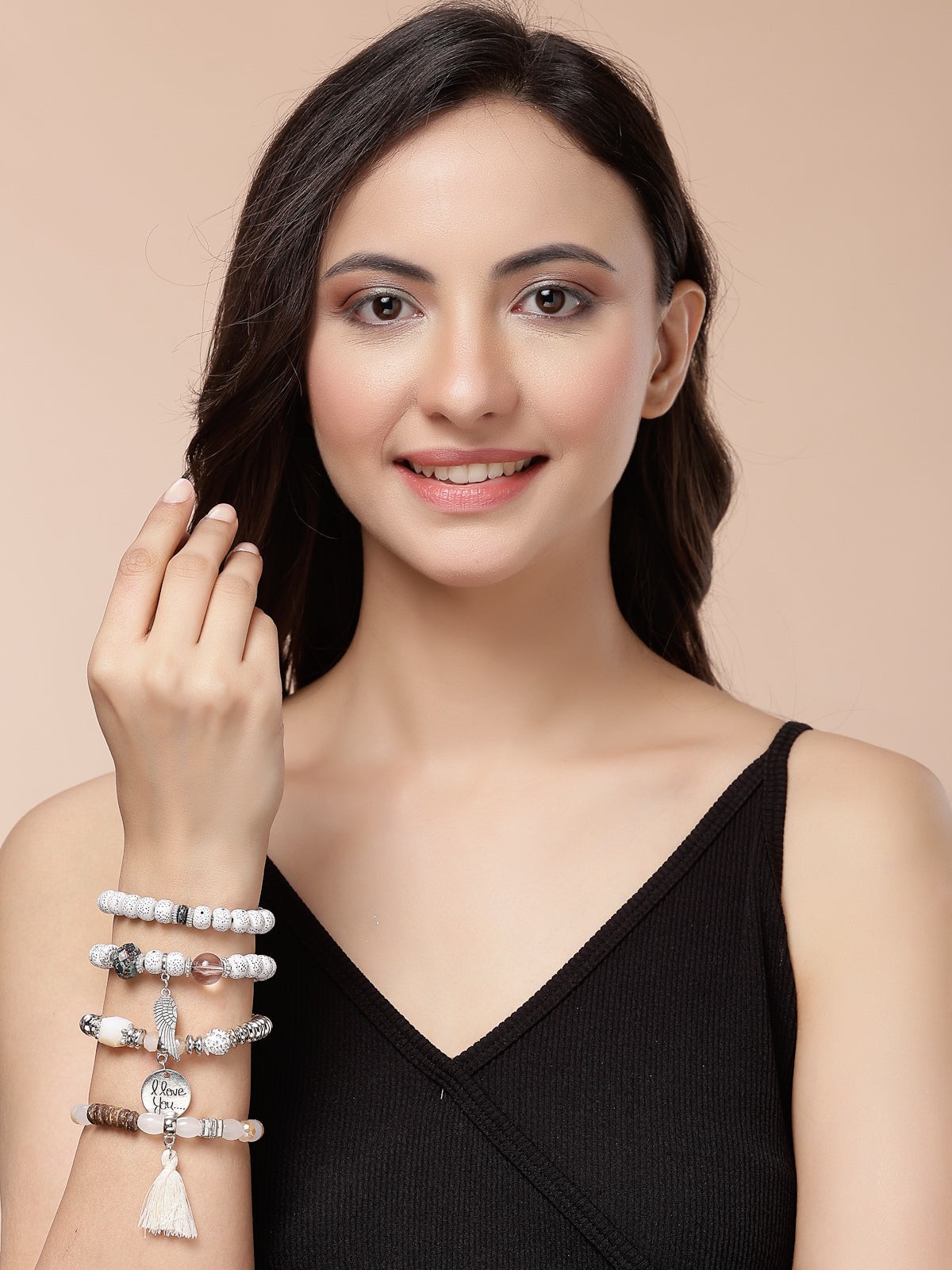 Scintillare By Sukkhi Attractive Stylish Bohemian I Love You Feather Tassel Charm Multilayer Beaded White Bangle & Bodhi Bracelet Jewellery for Women & Girls|Pack of 4|CBBC107155