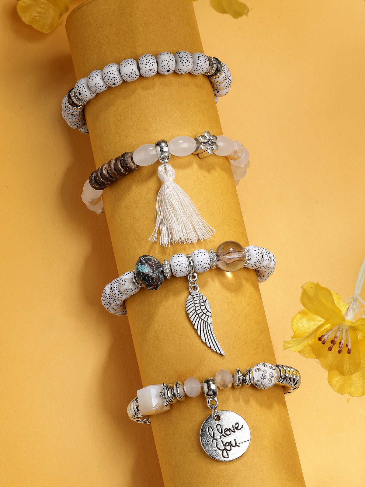 Scintillare By Sukkhi Attractive Stylish Bohemian I Love You Feather Tassel Charm Multilayer Beaded White Bangle & Bodhi Bracelet Jewellery for Women & Girls|Pack of 4|CBBC107155
