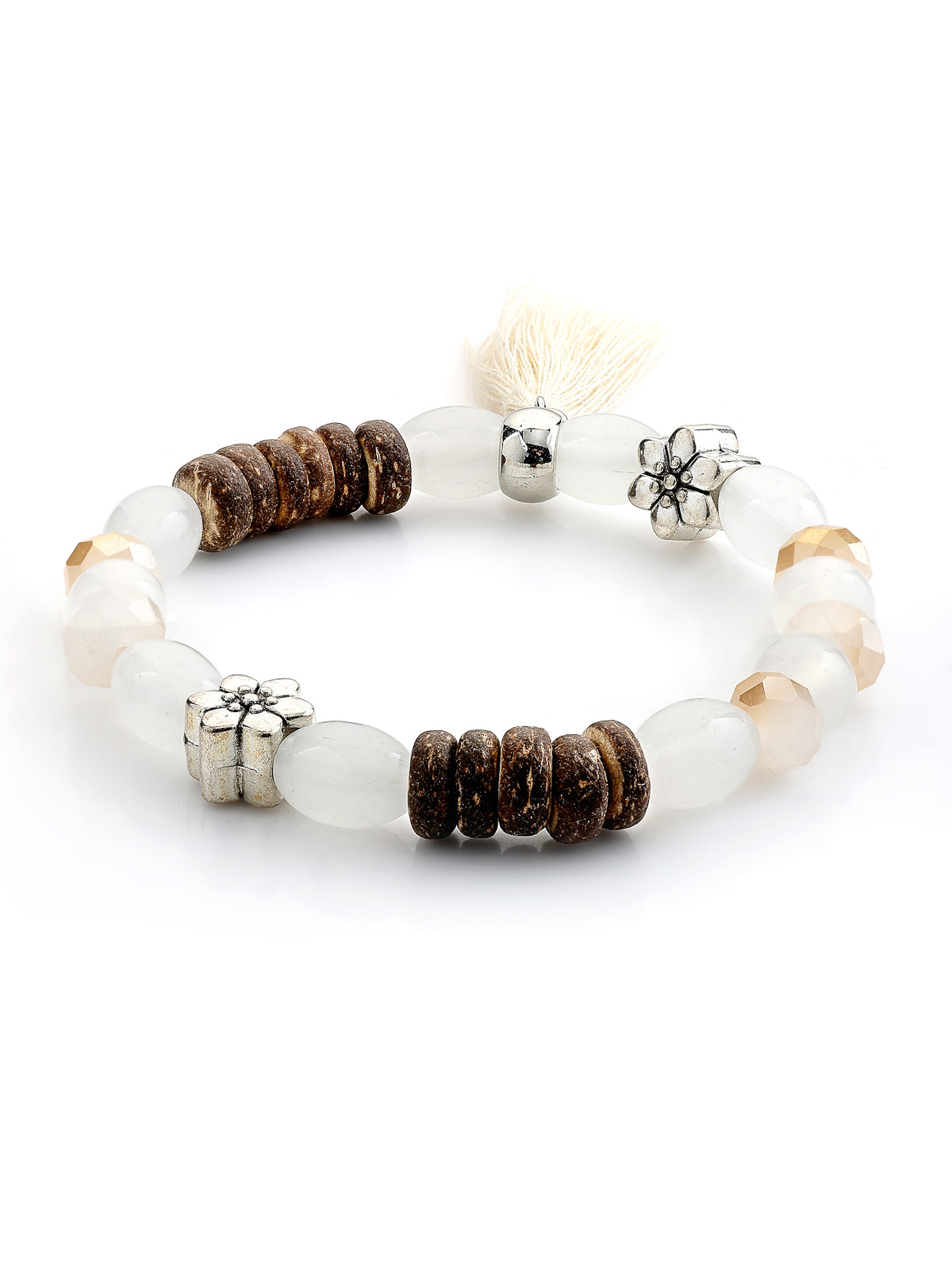 Scintillare By Sukkhi Attractive Stylish Bohemian I Love You Feather Tassel Charm Multilayer Beaded White Bangle & Bodhi Bracelet Jewellery for Women & Girls|Pack of 4|CBBC107155