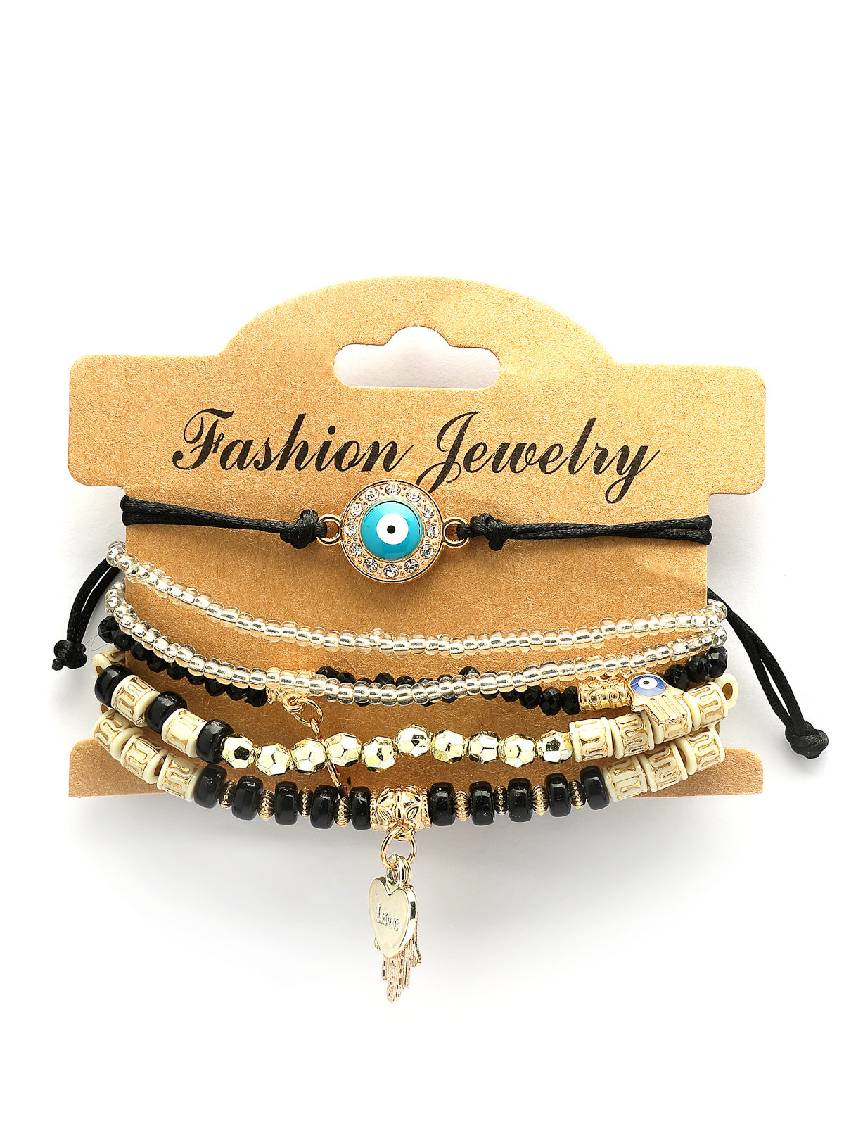 Scintillare By Sukkhi Amazing Bohemian Stackable Multilayer Hamsa Hand & Evil Eye Lucky Protection Bracelet Black White Crystal Charm Beaded Bracelet for Women & Girls|Pack of 6|CBBC107156