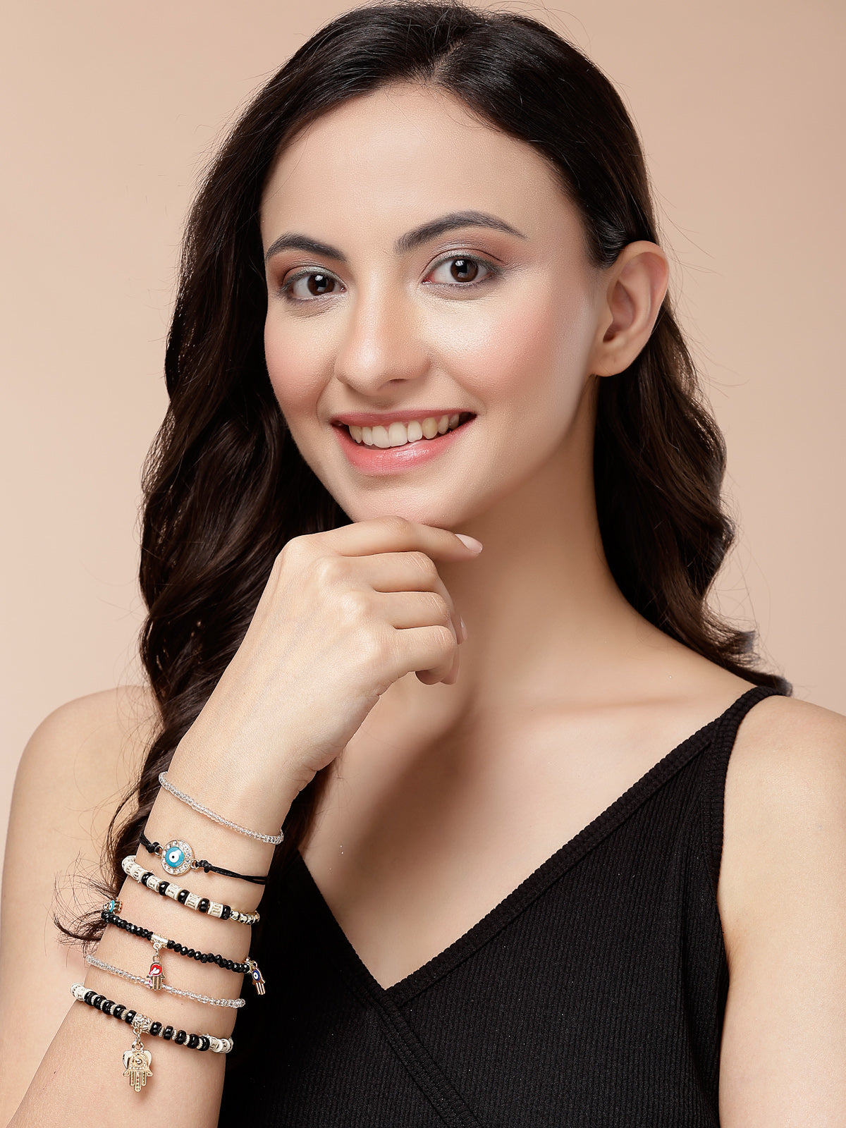 Scintillare By Sukkhi Amazing Bohemian Stackable Multilayer Hamsa Hand & Evil Eye Lucky Protection Bracelet Black White Crystal Charm Beaded Bracelet for Women & Girls|Pack of 6|CBBC107156