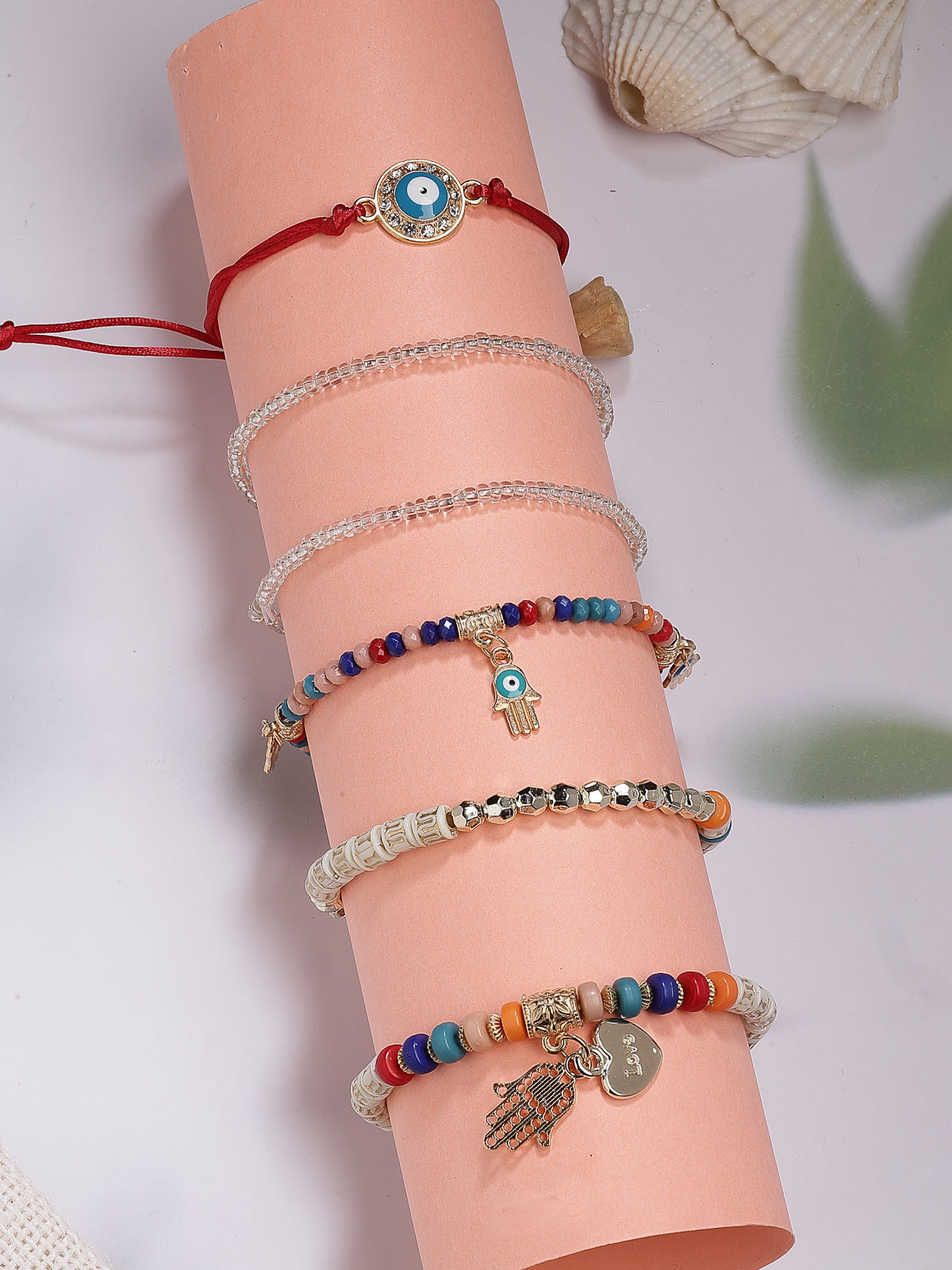 Scintillare By Sukkhi Amazing Bohemian Stackable Multilayer Hamsa Hand & Evil Eye Lucky Protection Bracelet Multicolor Crystal Charm Beaded Bracelet for Women & Girls|Pack of 6|CBBC107157