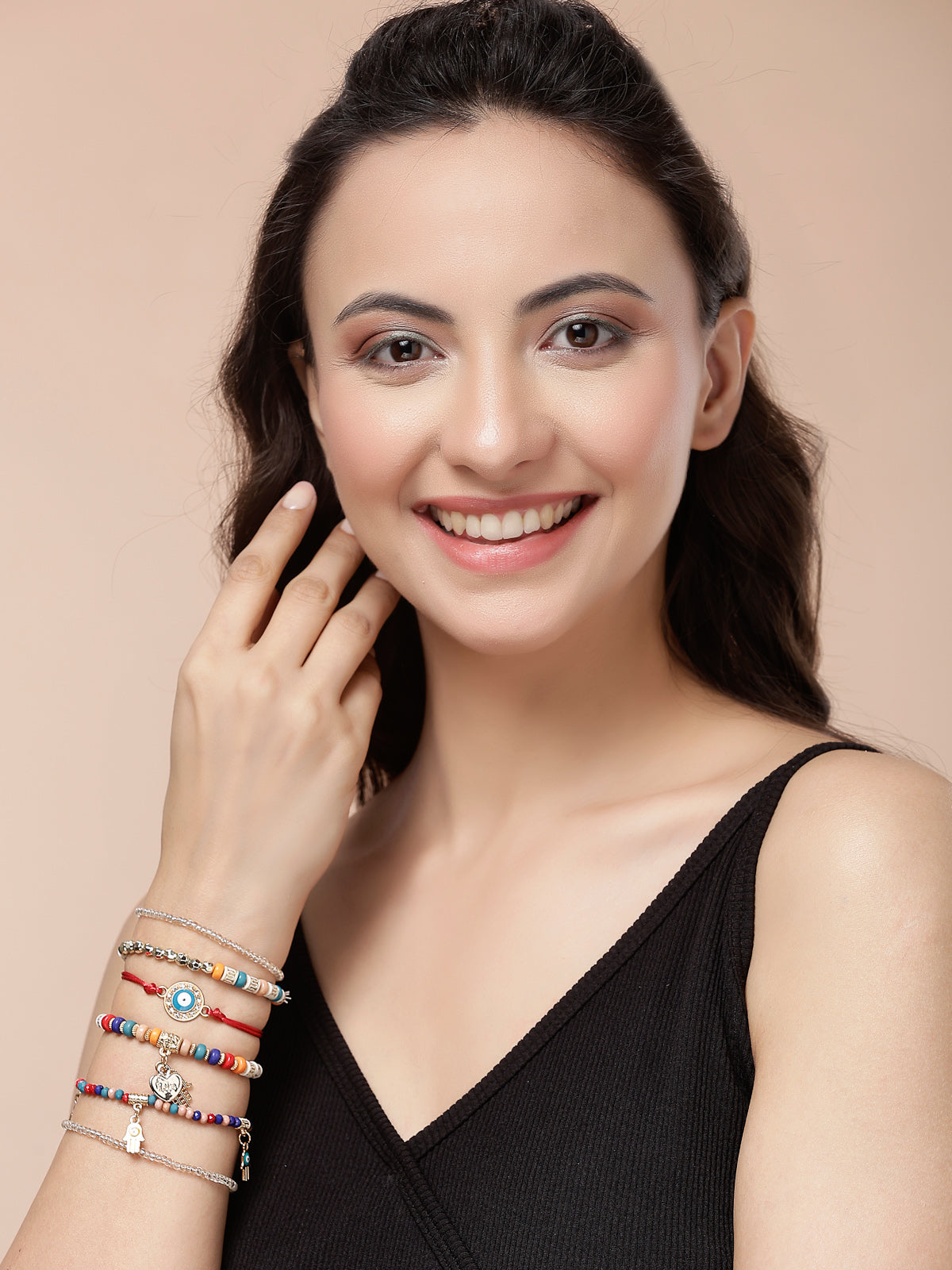 Scintillare By Sukkhi Amazing Bohemian Stackable Multilayer Hamsa Hand & Evil Eye Lucky Protection Bracelet Multicolor Crystal Charm Beaded Bracelet for Women & Girls|Pack of 6|CBBC107157