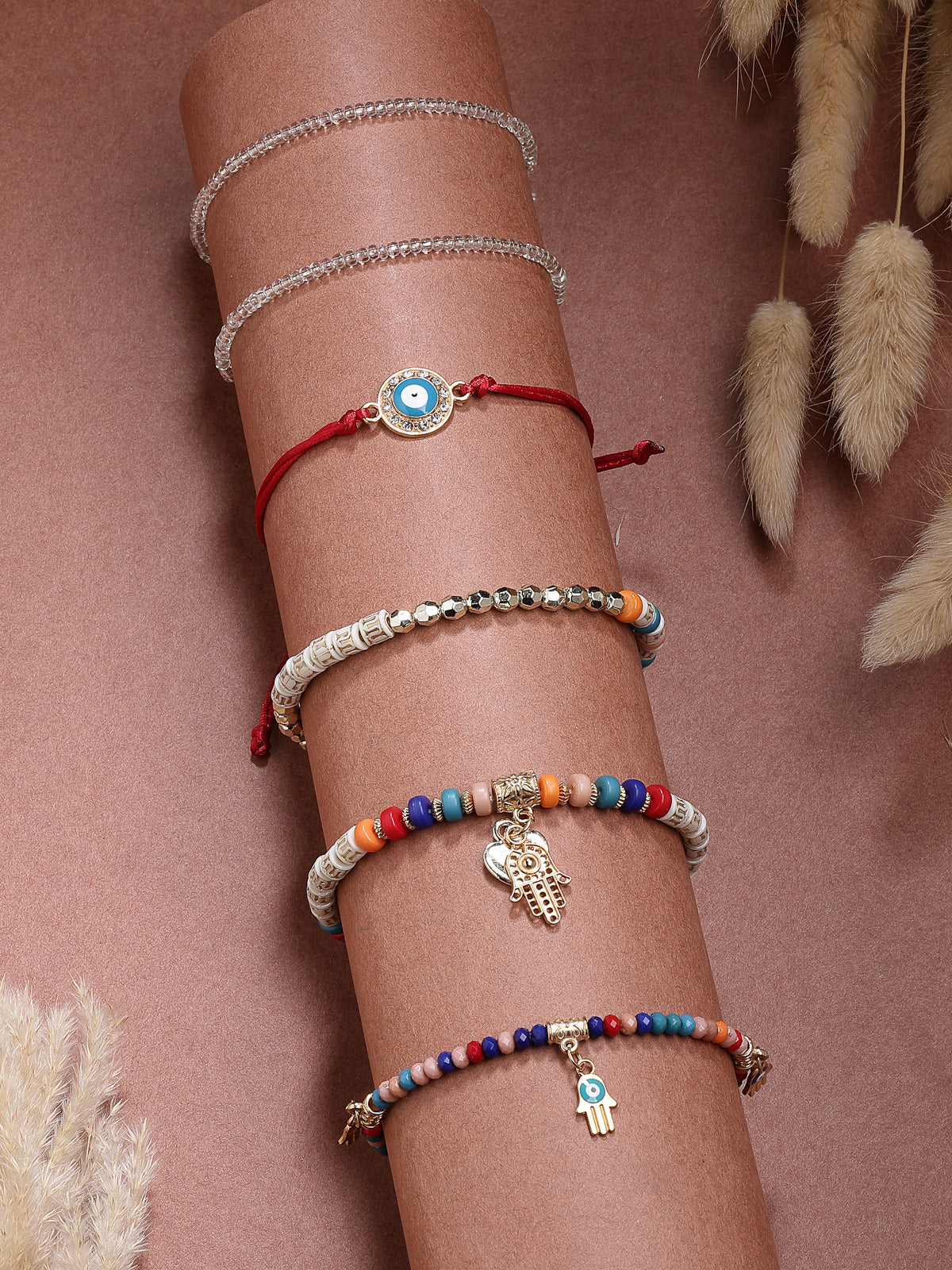 Scintillare By Sukkhi Amazing Bohemian Stackable Multilayer Hamsa Hand & Evil Eye Lucky Protection Bracelet Multicolor Crystal Charm Beaded Bracelet for Women & Girls|Pack of 6|CBBC107157