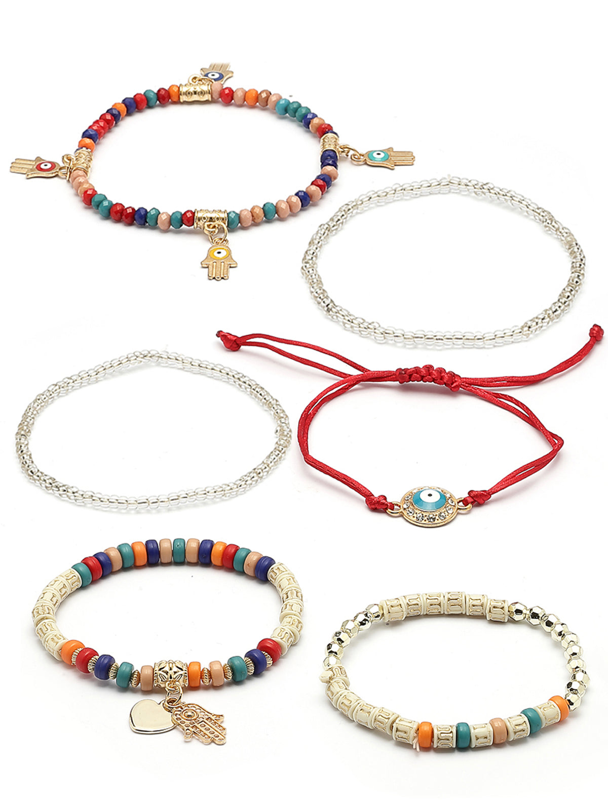 Scintillare By Sukkhi Amazing Bohemian Stackable Multilayer Hamsa Hand & Evil Eye Lucky Protection Bracelet Multicolor Crystal Charm Beaded Bracelet for Women & Girls|Pack of 6|CBBC107157
