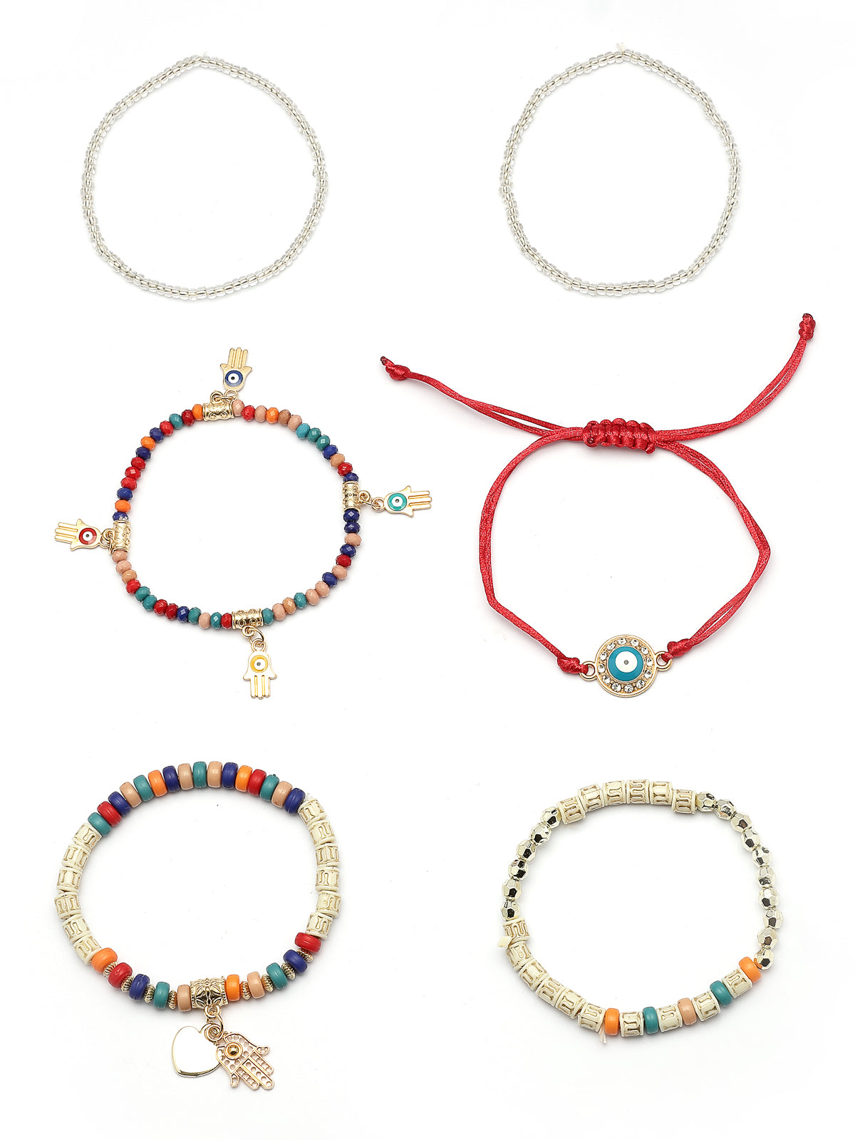 Scintillare By Sukkhi Amazing Bohemian Stackable Multilayer Hamsa Hand & Evil Eye Lucky Protection Bracelet Multicolor Crystal Charm Beaded Bracelet for Women & Girls|Pack of 6|CBBC107157