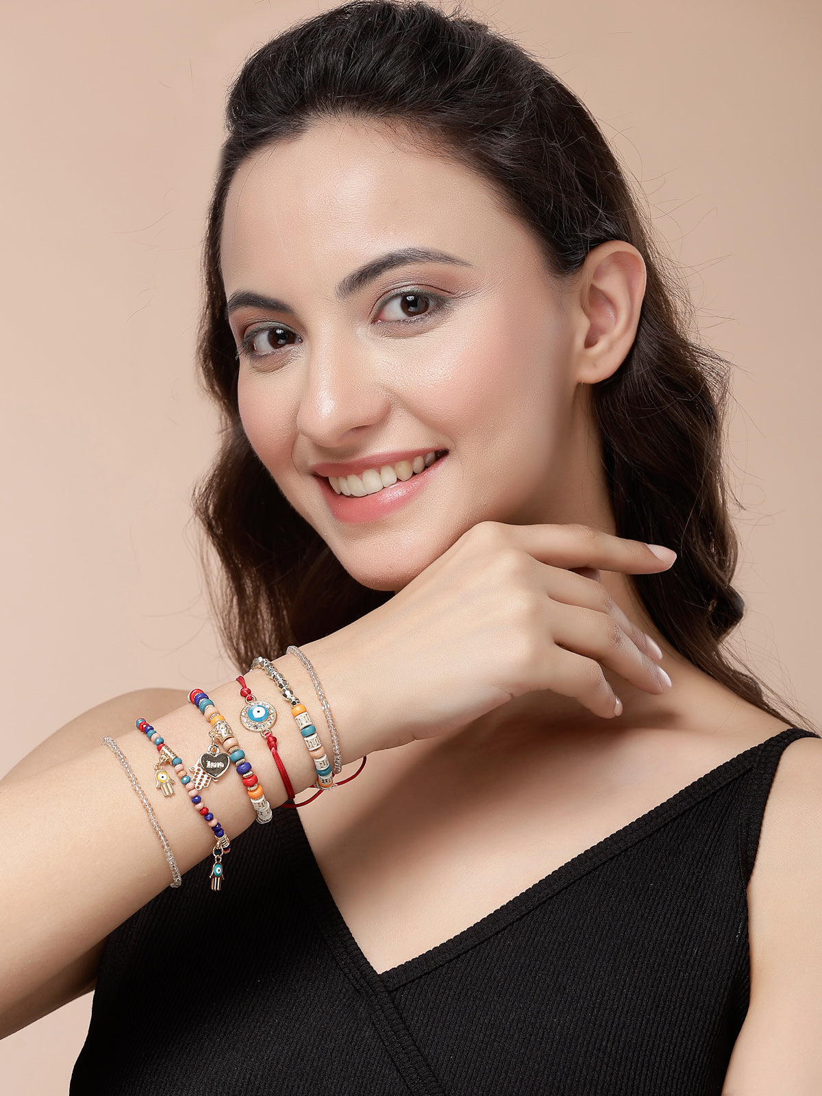 Scintillare By Sukkhi Amazing Bohemian Stackable Multilayer Hamsa Hand & Evil Eye Lucky Protection Bracelet Multicolor Crystal Charm Beaded Bracelet for Women & Girls|Pack of 6|CBBC107157