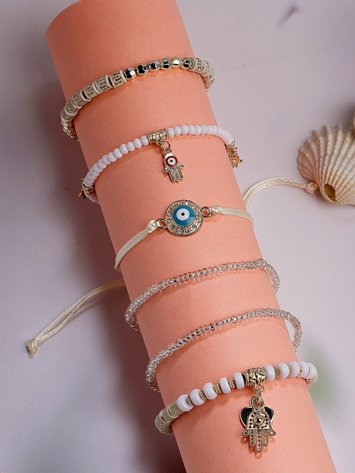 Scintillare By Sukkhi Amazing Bohemian Stackable Multilayer Hamsa Hand & Evil Eye Lucky Protection Bracelet White Crystal Charm Beaded Bracelet for Women & Girls|Pack of 6|CBBC107158