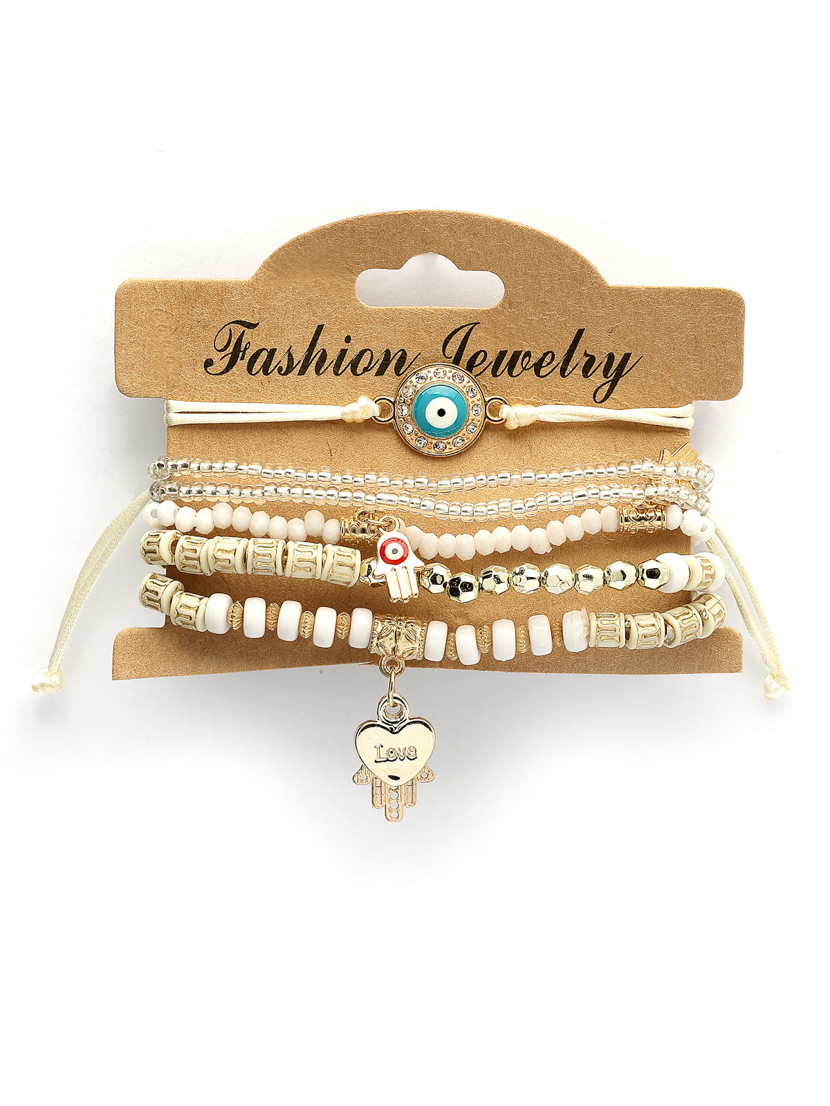 Scintillare By Sukkhi Amazing Bohemian Stackable Multilayer Hamsa Hand & Evil Eye Lucky Protection Bracelet White Crystal Charm Beaded Bracelet for Women & Girls|Pack of 6|CBBC107158