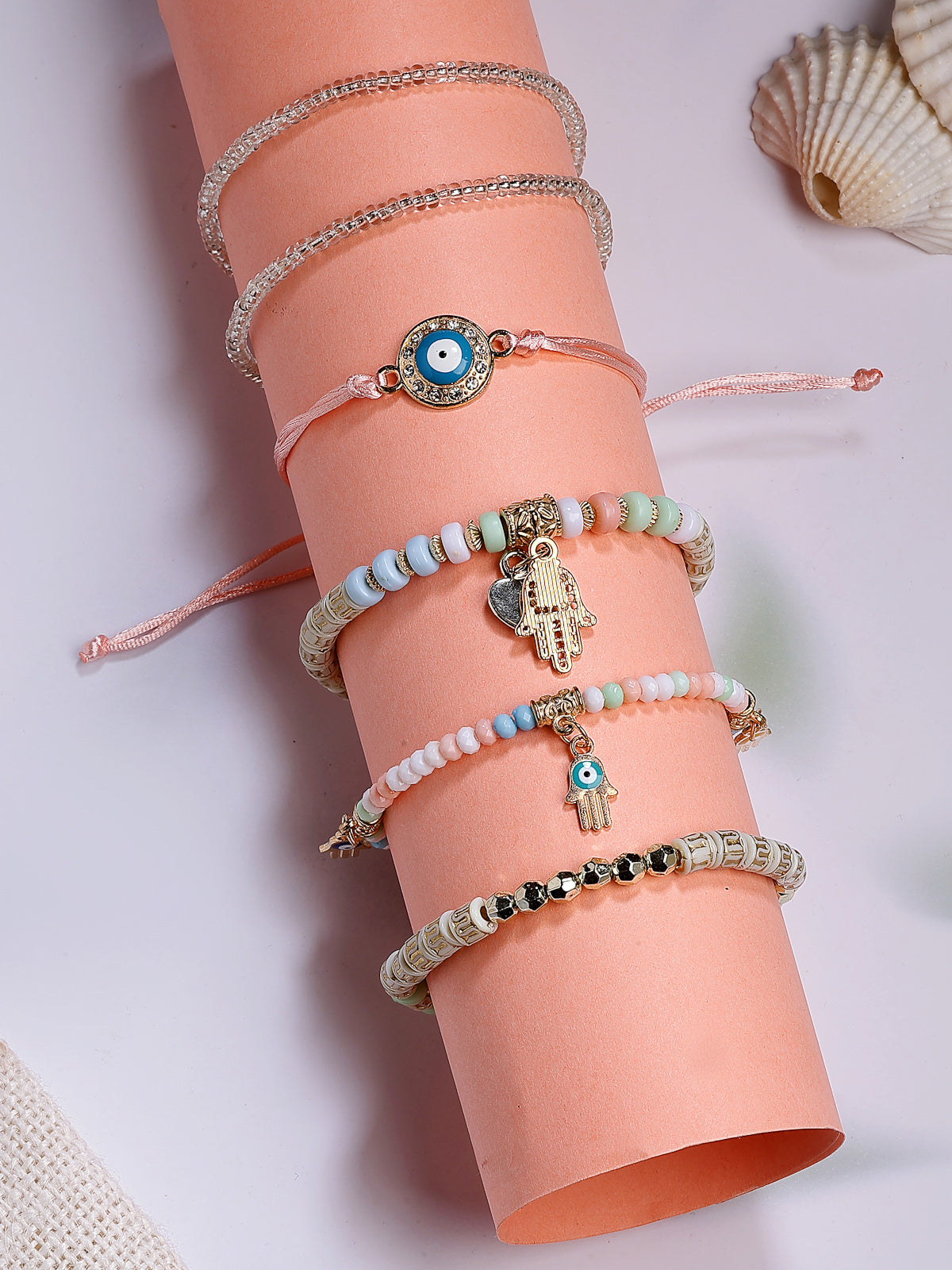 Scintillare By Sukkhi Amazing Bohemian Stackable Multilayer Hamsa Hand & Evil Eye Lucky Protection Bracelet White Crystal Charm Beaded Bracelet for Women & Girls|Pack of 6|CBBC107159