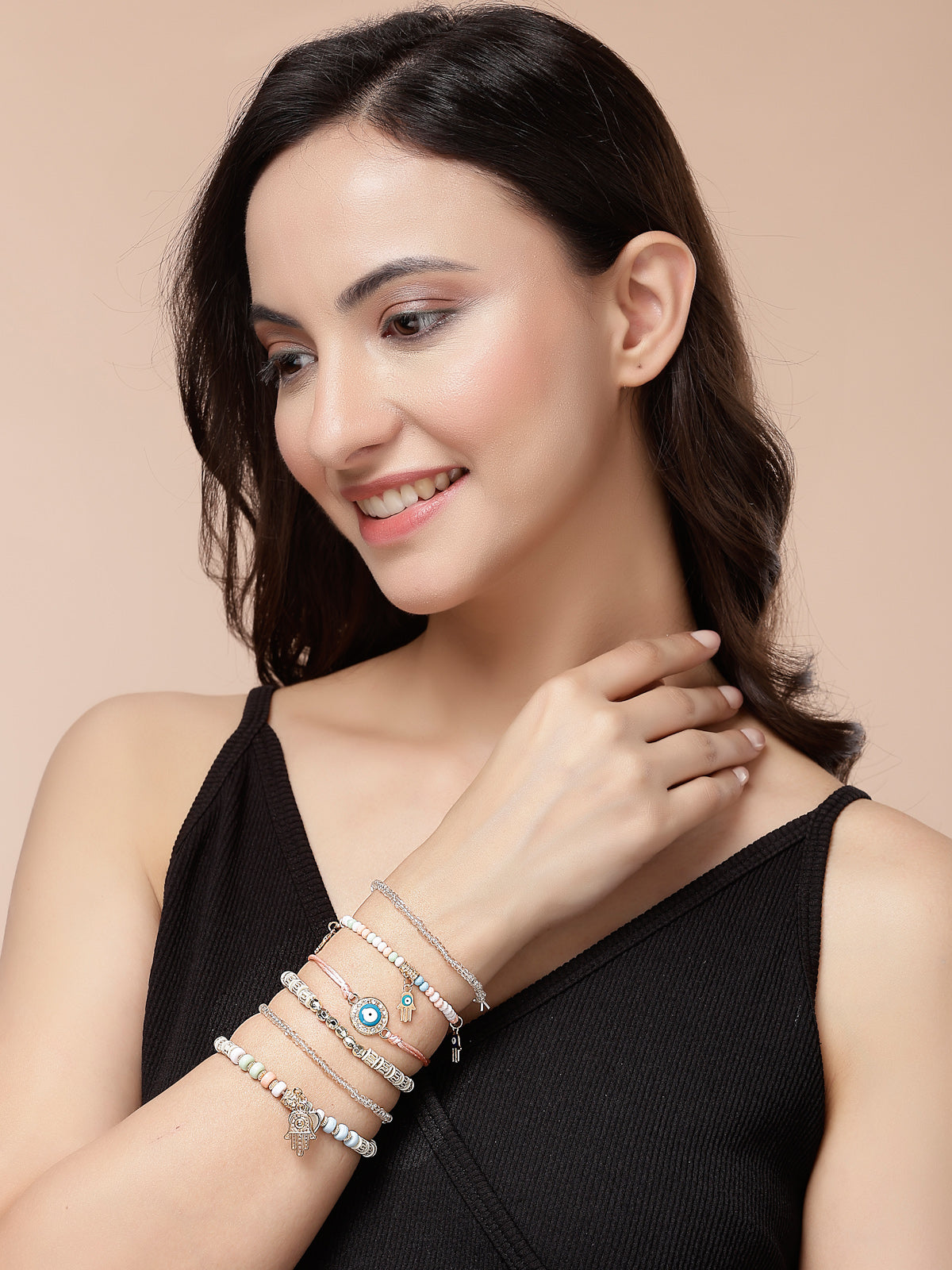 Scintillare By Sukkhi Amazing Bohemian Stackable Multilayer Hamsa Hand & Evil Eye Lucky Protection Bracelet White Crystal Charm Beaded Bracelet for Women & Girls|Pack of 6|CBBC107159