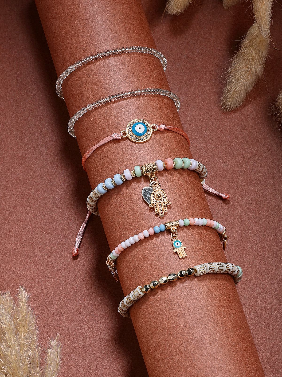 Scintillare By Sukkhi Amazing Bohemian Stackable Multilayer Hamsa Hand & Evil Eye Lucky Protection Bracelet White Crystal Charm Beaded Bracelet for Women & Girls|Pack of 6|CBBC107159