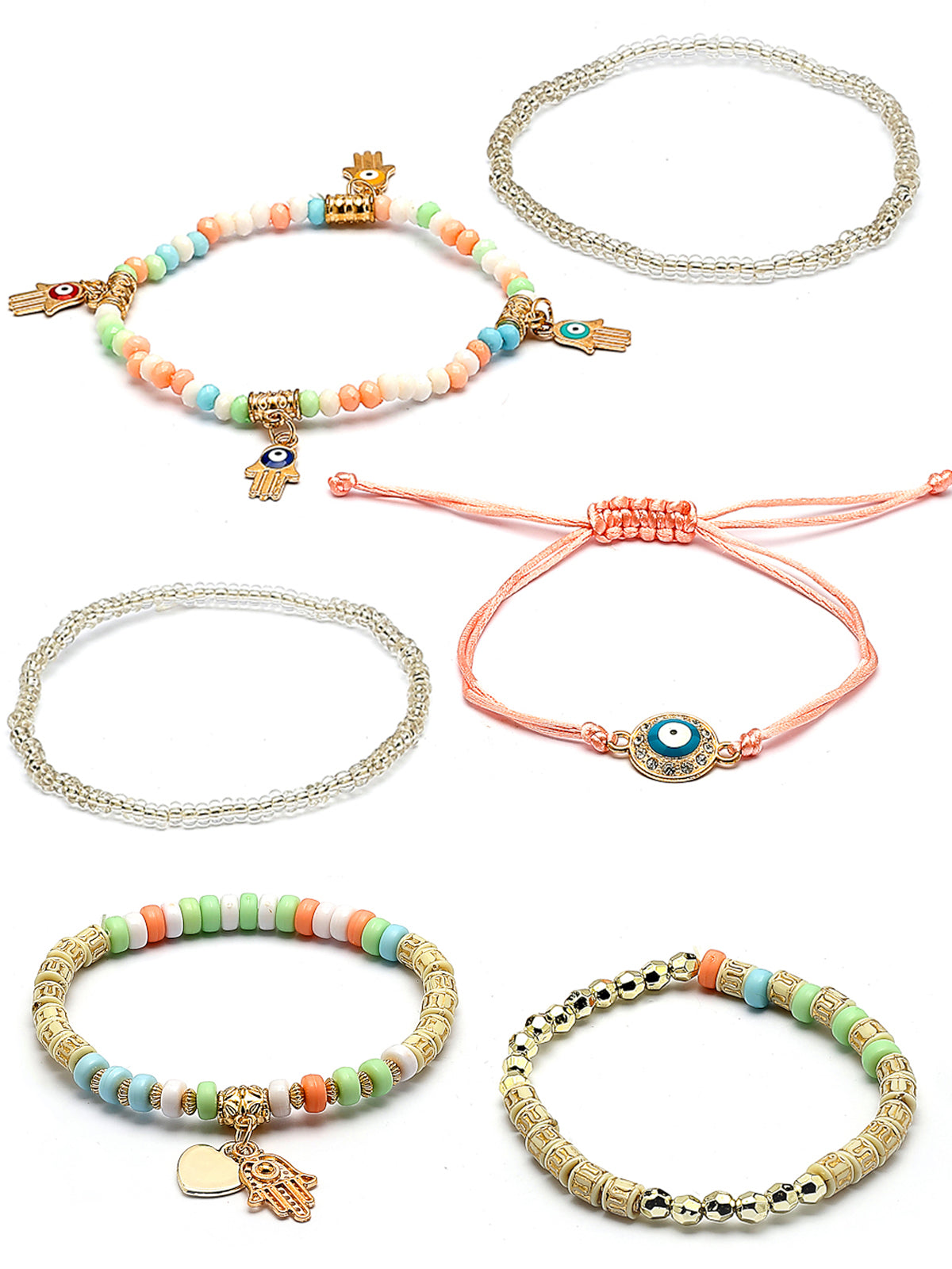 Scintillare By Sukkhi Amazing Bohemian Stackable Multilayer Hamsa Hand & Evil Eye Lucky Protection Bracelet White Crystal Charm Beaded Bracelet for Women & Girls|Pack of 6|CBBC107159