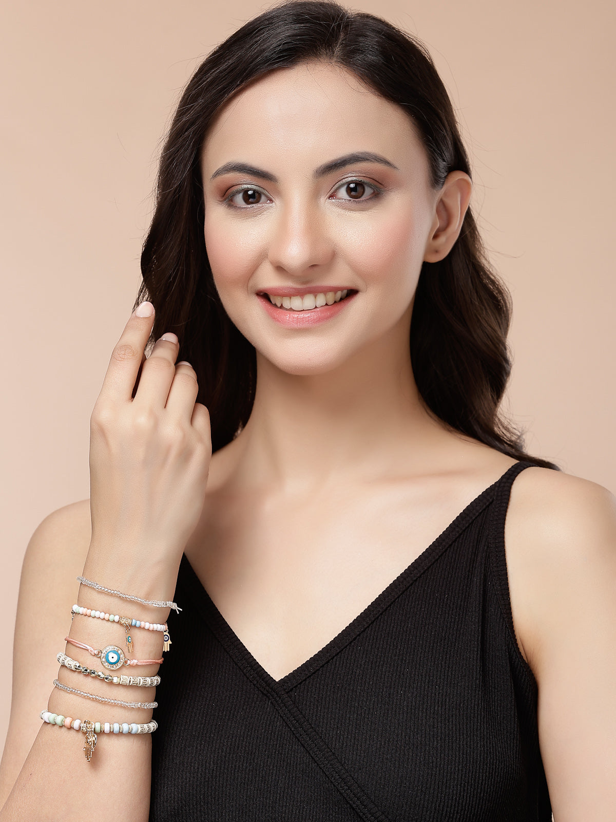 Scintillare By Sukkhi Amazing Bohemian Stackable Multilayer Hamsa Hand & Evil Eye Lucky Protection Bracelet White Crystal Charm Beaded Bracelet for Women & Girls|Pack of 6|CBBC107159