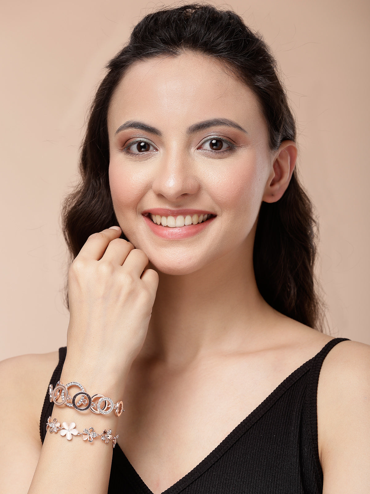 Scintillare By Sukkhi Classic Stylish Fashion Design Rose Gold Plated Crystal Cubic Zirconia Charm Bracelet Combo Jewellery for Women & Girls|Pack of 2|CBBC107160