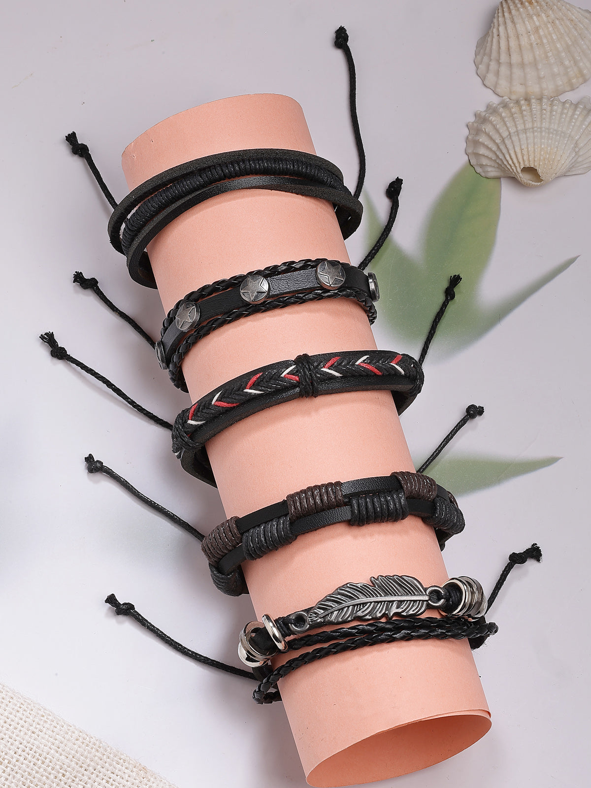 Scintillare By Sukkhi Western Style Genuine Leather Wraps Casual Skin Friendly Black Bracelet for Men & Boys|Pack of 5|CBBC107161