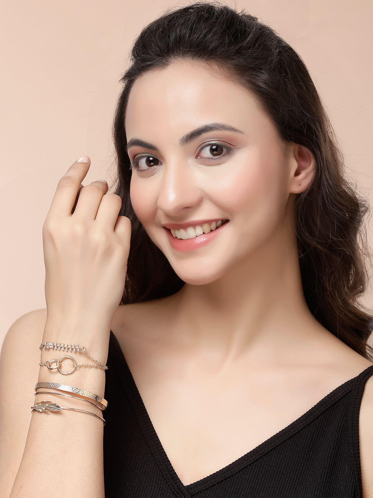 Scintillare By Sukkhi Ultra-Modern Set of 5 Stylish Multilayer Crystal Diamond Studded Gold Plated Kada Bracelet Combo Jewellery For Women & Girls|Pack of 5|CBBC107166