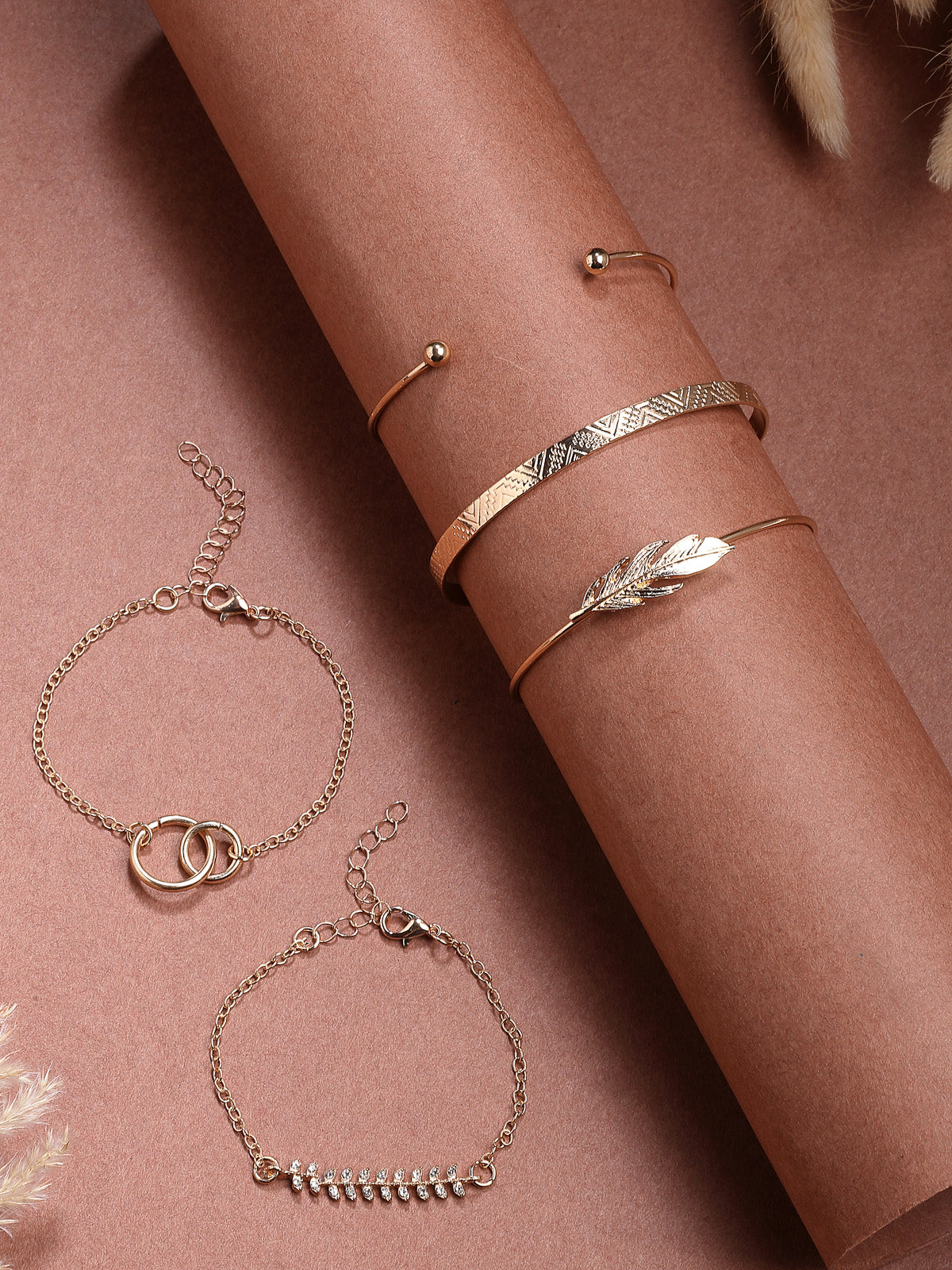 Scintillare By Sukkhi Ultra-Modern Set of 5 Stylish Multilayer Crystal Diamond Studded Gold Plated Kada Bracelet Combo Jewellery For Women & Girls|Pack of 5|CBBC107166