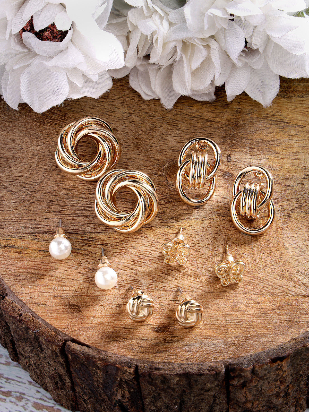 Scintillare by Sukkhi Daily Wear Stylish Gold Plated Studs Butterfly Geometric Combo Earring for Women & Girls Stylish Fashion| 5 Pair of Combo Set (Golden)|CBE106536