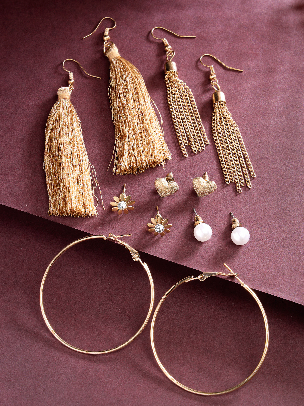 Scintillare by Sukkhi Modern Gold Plated Studs Hoop Dangler Heart & Tassel Combo Earring for Women & Girls Stylish Fashion|6 Pair of Combo Set| Golden Western Earrings|CBE106564