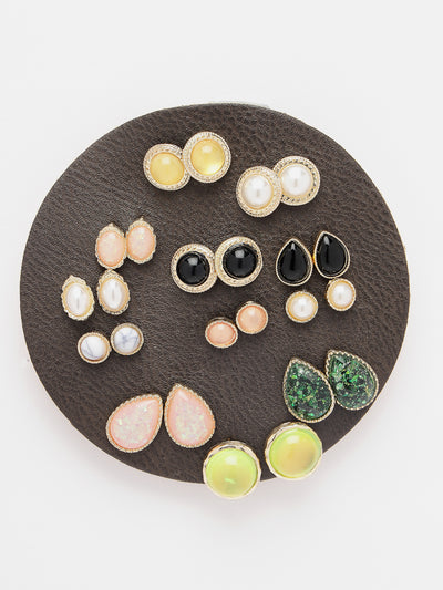 Scintillare by Sukkhi Eye-Catchy Gold Plated Multicolor Crystals Stones Geometric Studs Combo Earring for Women & Girls | Stylish Fashion|11 Pair of Combo Set|CBE106566