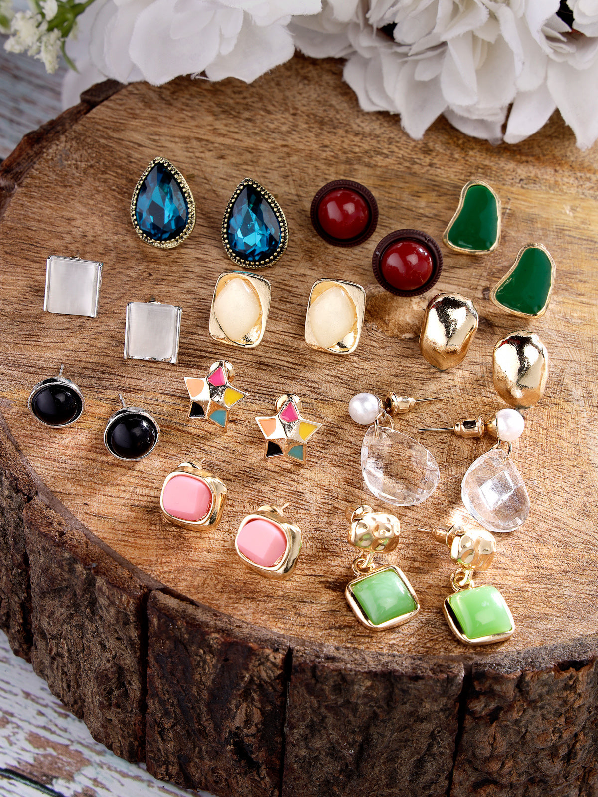 Scintillare by Sukkhi Eye-Catchy Gold Plated Multicolor Crystals Stones Geometric Studs Combo Earring for Women & Girls | Stylish Fashion|11 Pair of Combo Set|CBE106566