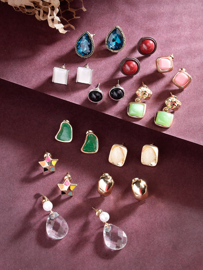 Scintillare by Sukkhi Eye-Catchy Gold Plated Multicolor Crystals Stones Geometric Studs Combo Earring for Women & Girls | Stylish Fashion|11 Pair of Combo Set|CBE106566
