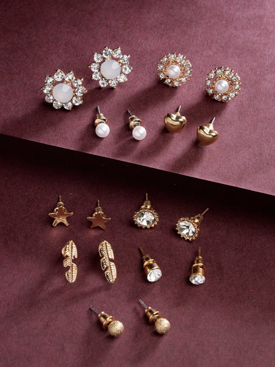 Scintillare by Sukkhi Beautiful Gold Plated Non Precious Base Metal Multicolor Crystals Geometric Studs Combo Earring for Women & Girls Stylish Fashion|6 Pair of Earrings Combo Set|CBE106683