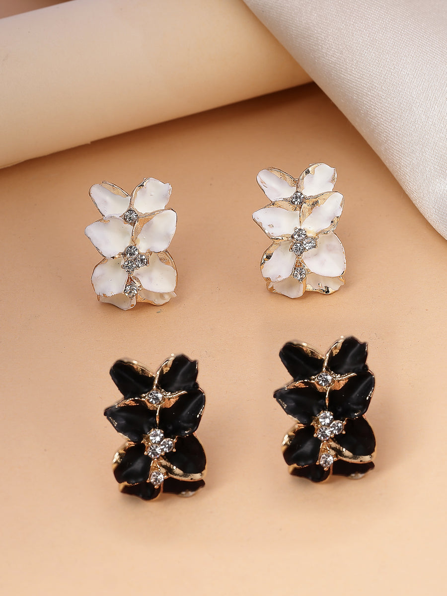 Scintillare By Sukkhi Charming Gold Plated Floral Shaped with Crystal Diamond Studded Black & White Studs Tops Combo Earring for Women & Girls|Pair of 2|CBE107170