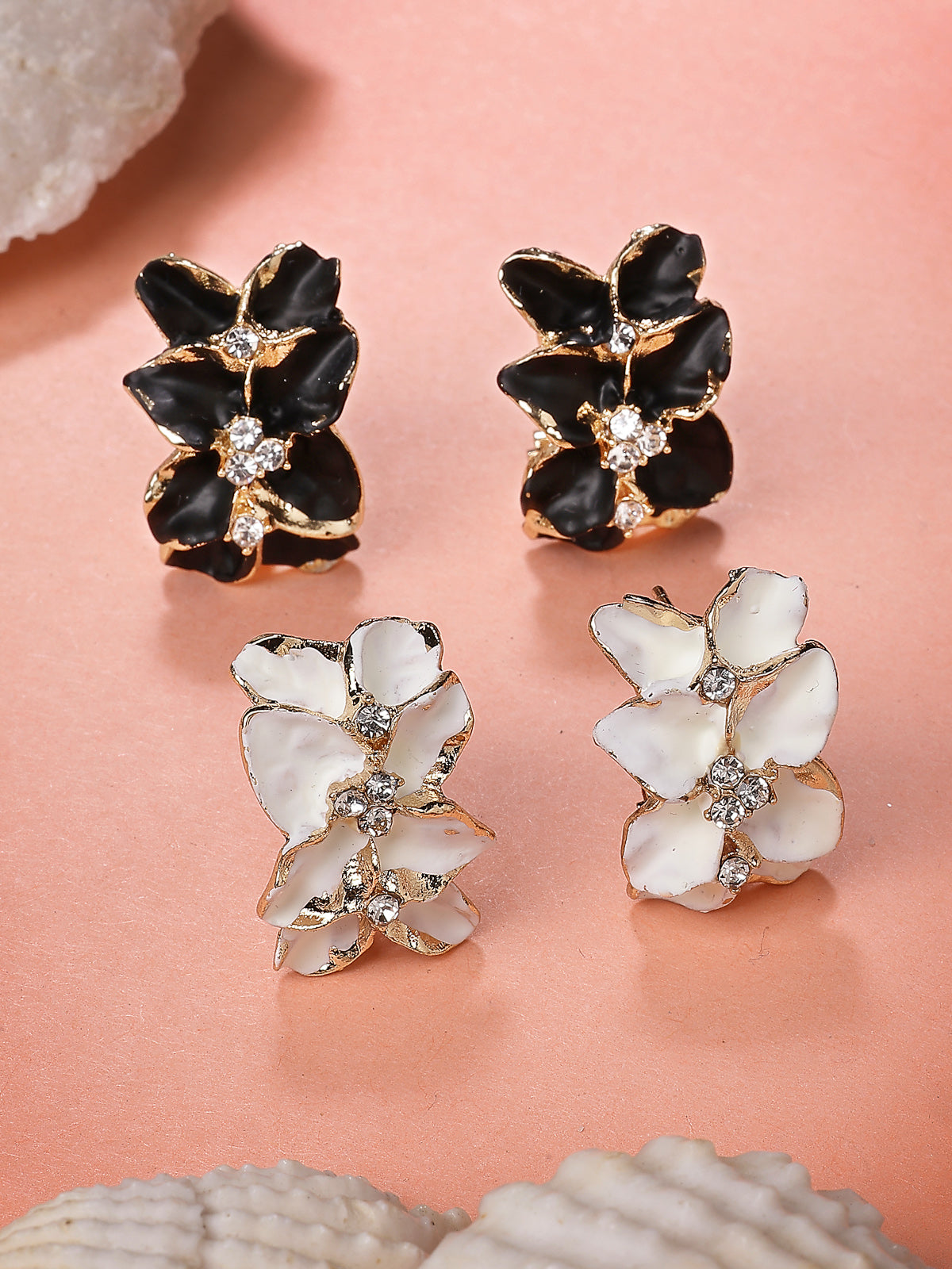 Scintillare By Sukkhi Charming Gold Plated Floral Shaped with Crystal Diamond Studded Black & White Studs Tops Combo Earring for Women & Girls|Pair of 2|CBE107170