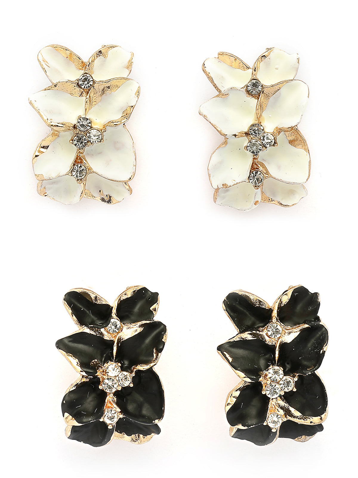 Scintillare By Sukkhi Charming Gold Plated Floral Shaped with Crystal Diamond Studded Black & White Studs Tops Combo Earring for Women & Girls|Pair of 2|CBE107170
