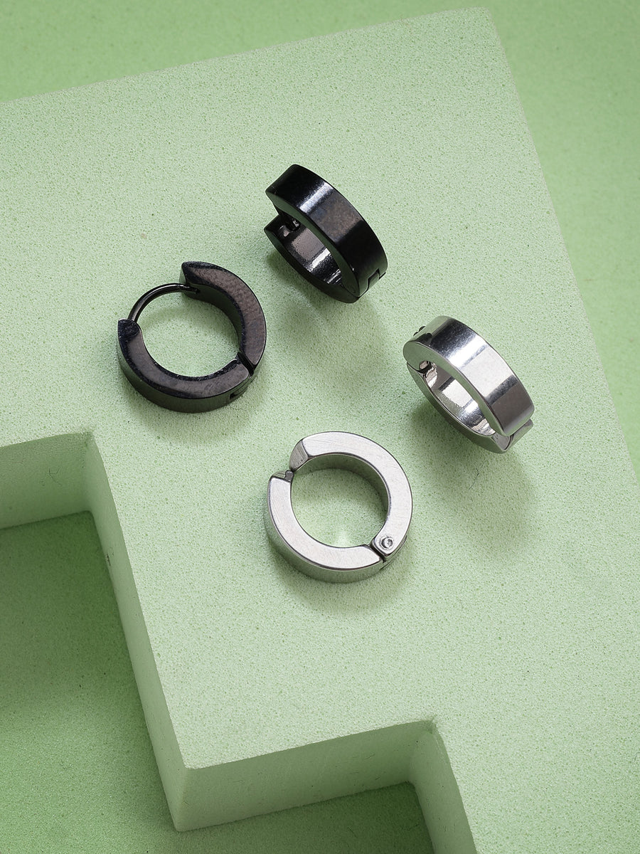 Scintillare By Sukkhi Western Style 316L Stainless Steel with Silver Black Hoop Combo Earrings for Men & Women| for Unisex|Pair of 2|CBE107171