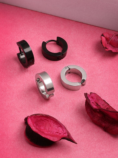 Scintillare By Sukkhi Western Style 316L Stainless Steel with Silver Black Hoop Combo Earrings for Men & Women| for Unisex|Pair of 2|CBE107171