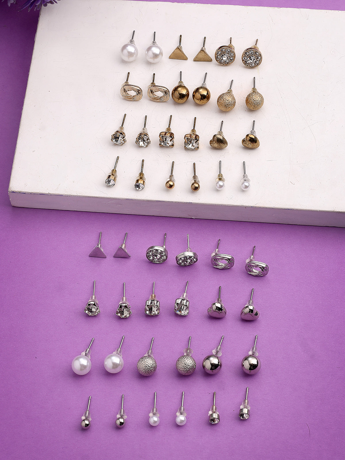 Scintillare By Sukkhi Pretty Latest Stylish Fashionable Gold & Silver Plated with Crystal Stones Studded Studs Combo Earrings For Women & Girls|Pairs of 24|CBE107174