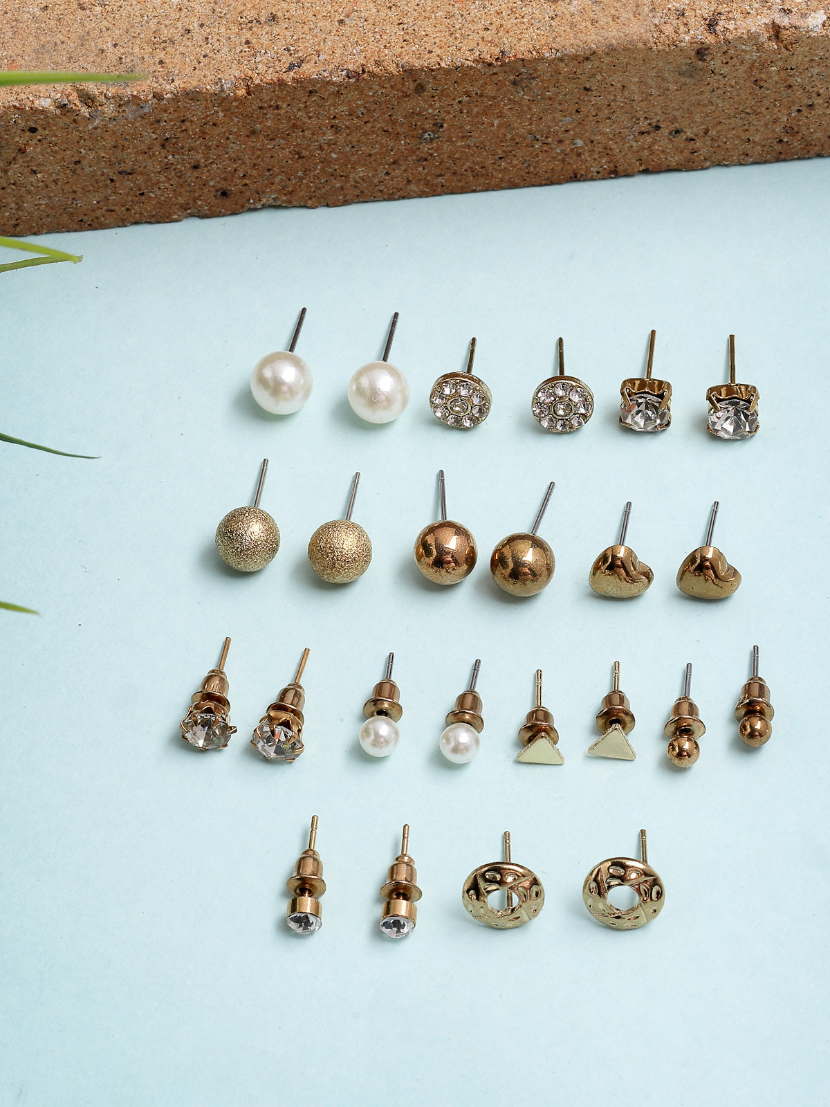 Scintillare By Sukkhi Unique Latest Stylish Design Gold Plated Crystal Pearls Studded Multiple Stylish Shaped Studs Combo Earrings for Women & Girls|Pair of 12|CBE107178